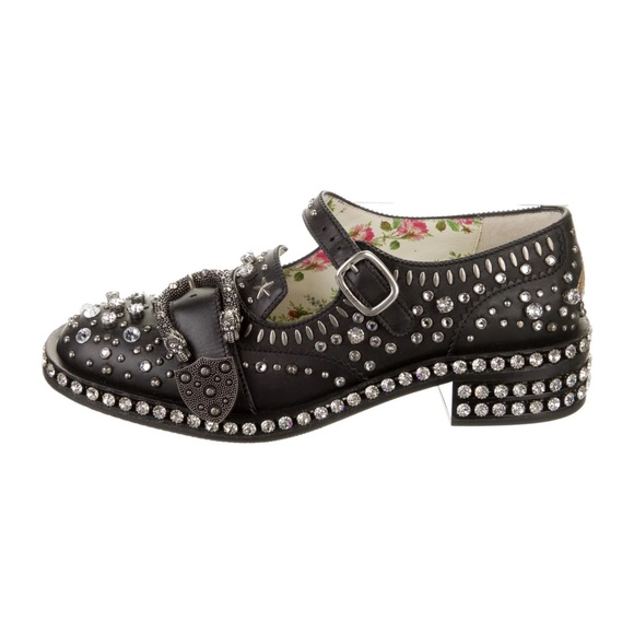 GUCCI  Crystal Embellished   Leather Floral Print Oxfords US8 IT 38.5 - Picture 1 of 5